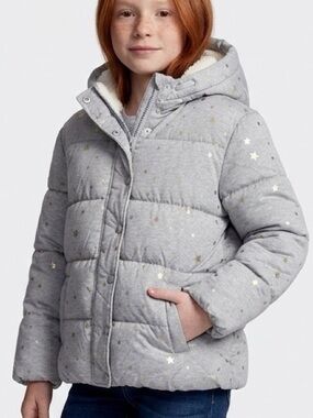 GAP Kids ColdControl Max Star Print Grey Puffer Jacket Girls XL 12–13 NWOT